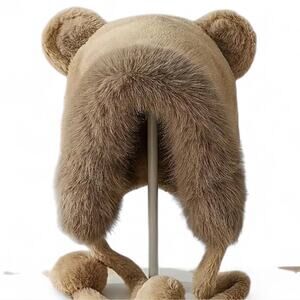 Brown Neutral Faux Fur Bear Snow Winter FW Hat Ears Pom Poms OS Kawaii CuteCore